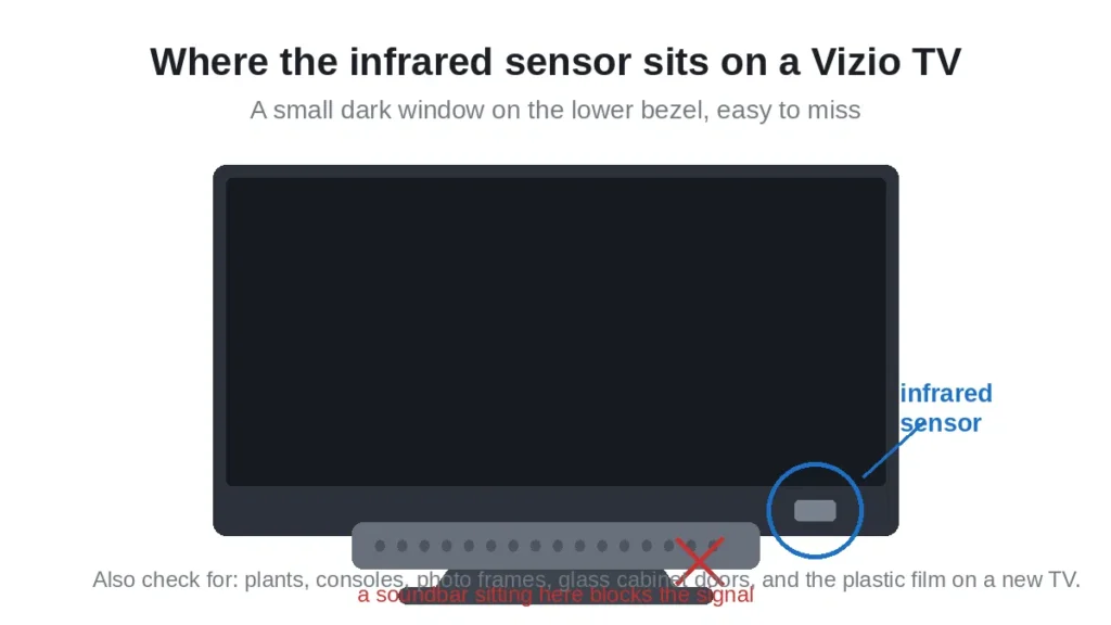 Location of the infrared sensor on the lower bezel of a Vizio TV, blocked by a soundbar